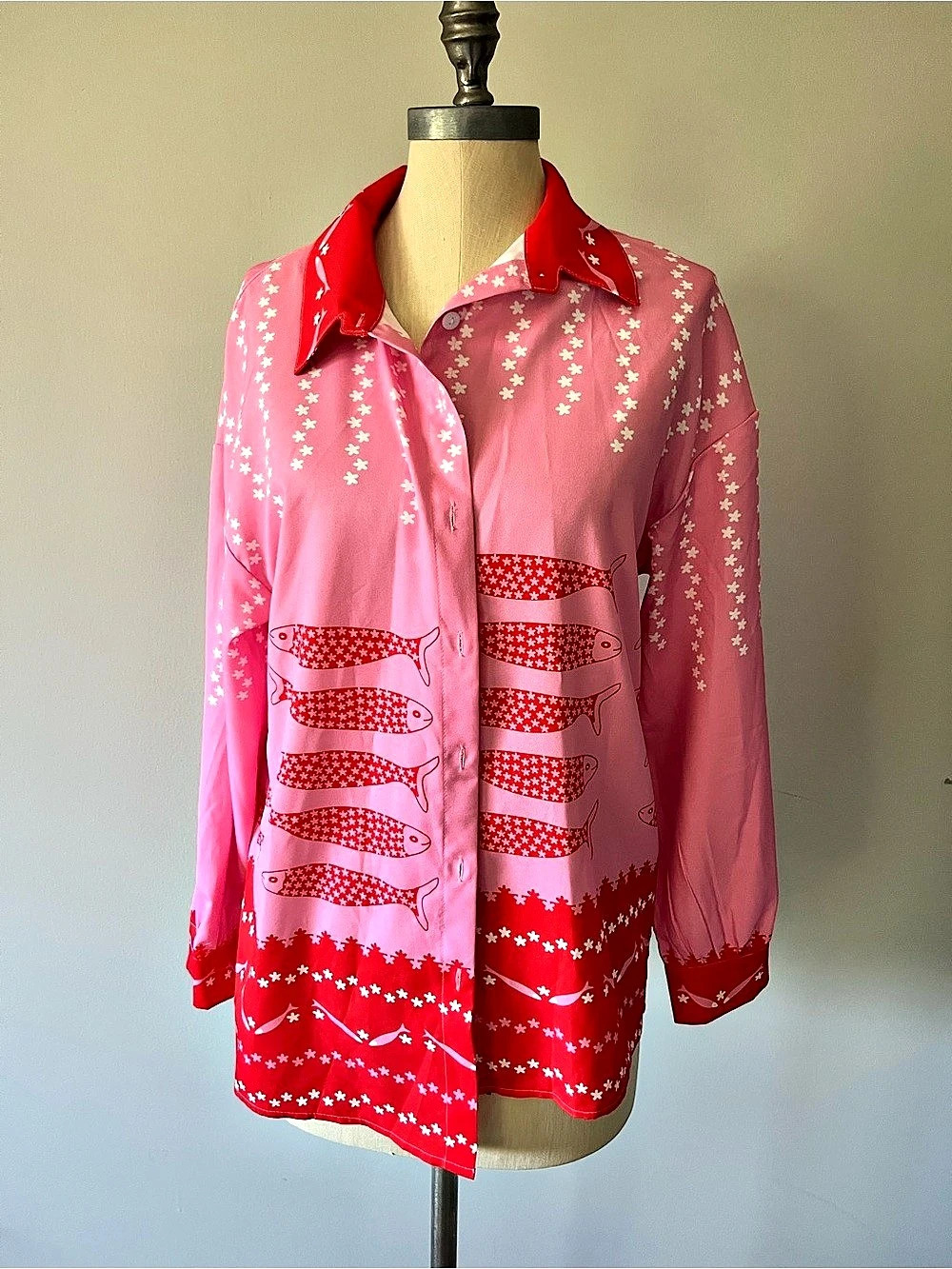 Printed Button Down Shirt in Pink & Red